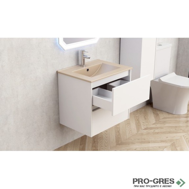 Долен шкаф за баня 60cм, с мивка, бежов мат, Inter Ceramic ICP 5955+ ICC 6066BG